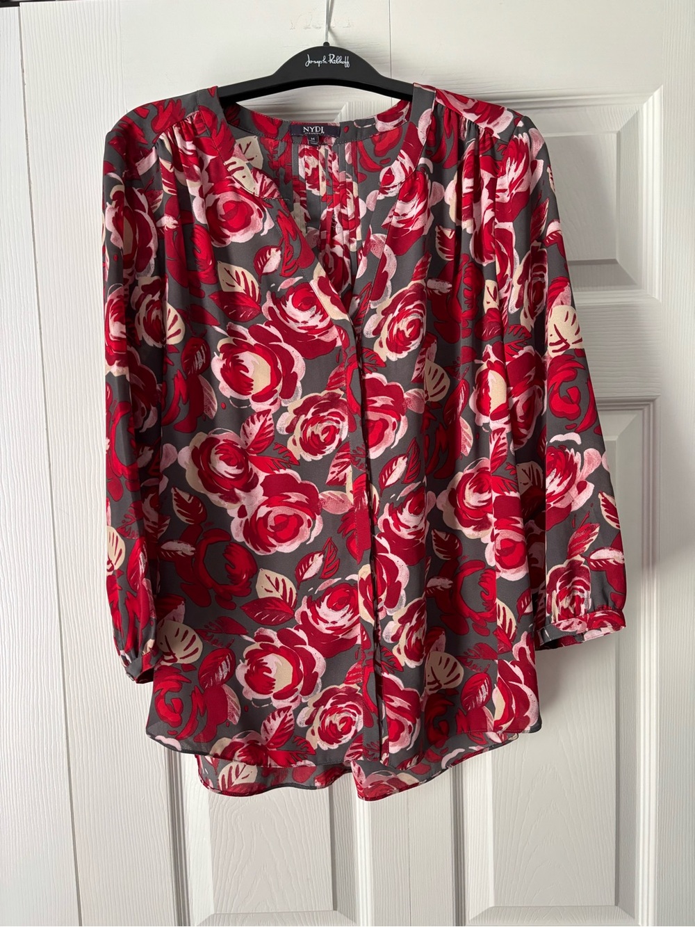 NYDJ Gray Blouse with Red and Cream Floral Print